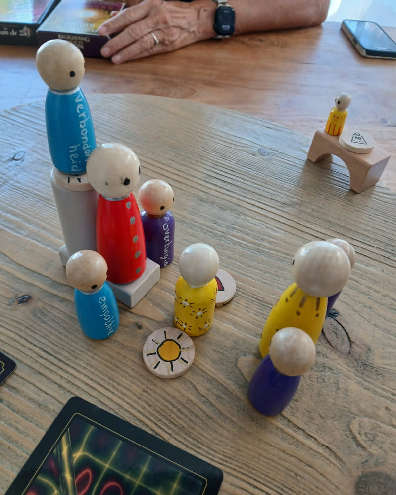 Talentgesprek bij Parel: houten poppetjes met talentnamen op tafel, in gesprek met Margreet